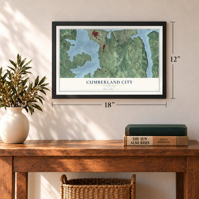 Cumberland City, Tennessee map, 12 x 18 inch print in a black frame in an entryway