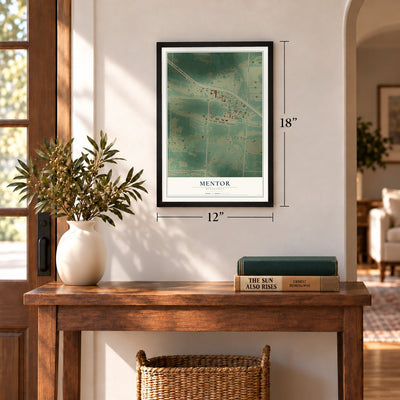 Mentor, Minnesota map, 12 x 18 inch print in a black frame in an entryway