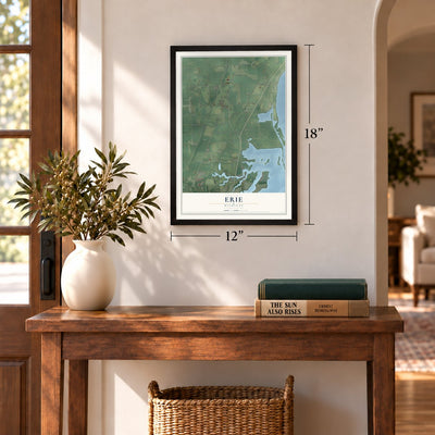 Erie, Michigan map, 12 x 18 inch print in a black frame in an entryway
