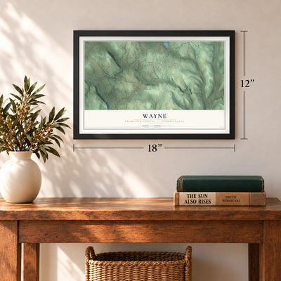 Wayne, Crawford County, Pennsylvania map, 12 x 18 inch print in a black frame in an entryway