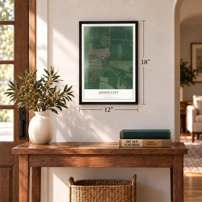 Union City, Ohio map, 12 x 18 inch print in a black frame in an entryway