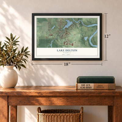 Lake Delton, Wisconsin map, 12 x 18 inch print in a black frame in an entryway