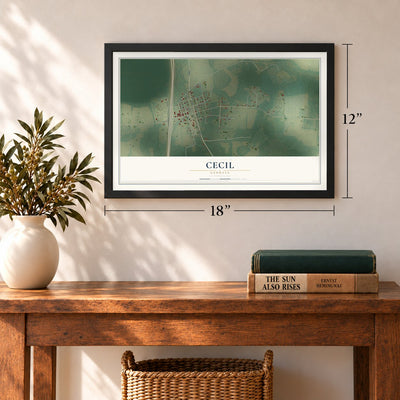 Cecil, Georgia map, 12 x 18 inch print in a black frame in an entryway