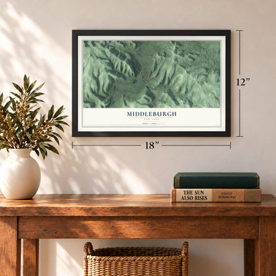 Middleburgh, New York map, 12 x 18 inch print in a black frame in an entryway