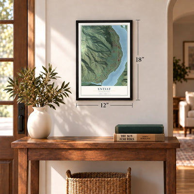 Entiat, Washington map, 12 x 18 inch print in a black frame in an entryway