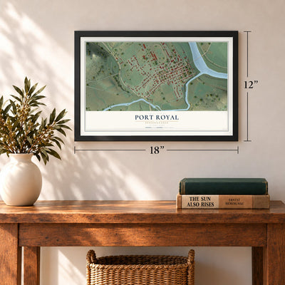 Port Royal, Pennsylvania map, 12 x 18 inch print in a black frame in an entryway