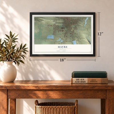 Havre, Montana map, 12 x 18 inch print in a black frame in an entryway