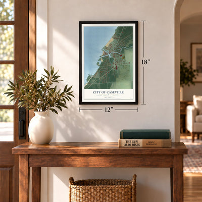 Caseville, Michigan map, 12 x 18 inch print in a black frame in an entryway