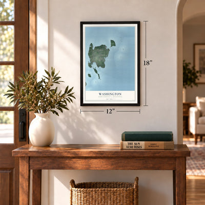Washington, Door County, Wisconsin map, 12 x 18 inch print in a black frame in an entryway