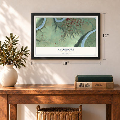 Avonmore, Pennsylvania map, 12 x 18 inch print in a black frame in an entryway