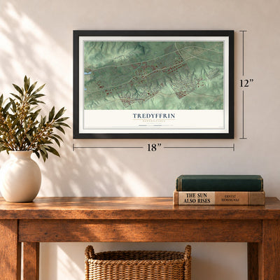 Tredyffrin, Pennsylvania map, 12 x 18 inch print in a black frame in an entryway