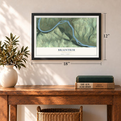 Braintrim, Pennsylvania map, 12 x 18 inch print in a black frame in an entryway