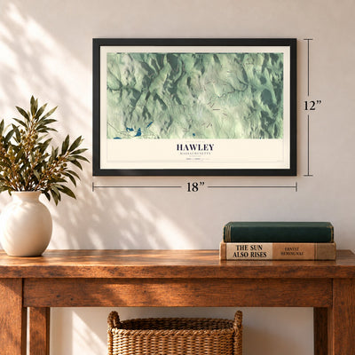 Hawley, Massachusetts map, 12 x 18 inch print in a black frame in an entryway