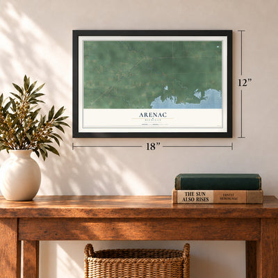 Arenac, Michigan map, 12 x 18 inch print in a black frame in an entryway