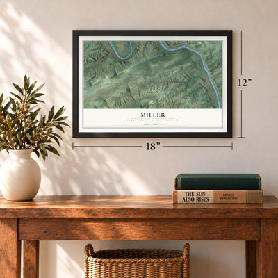 Miller, Perry County, Pennsylvania map, 12 x 18 inch print in a black frame in an entryway
