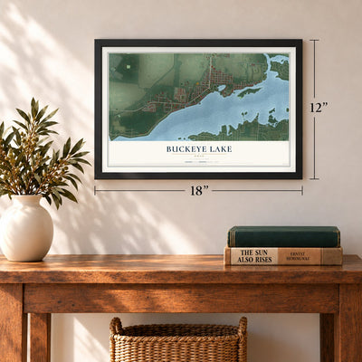 Buckeye Lake, Ohio map, 12 x 18 inch print in a black frame in an entryway