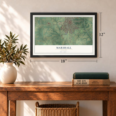 Marshall, Missouri map, 12 x 18 inch print in a black frame in an entryway