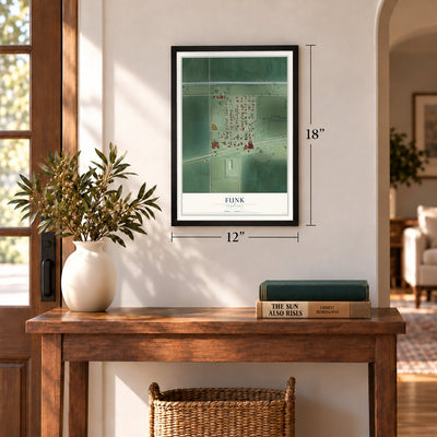 Funk, Nebraska map, 12 x 18 inch print in a black frame in an entryway