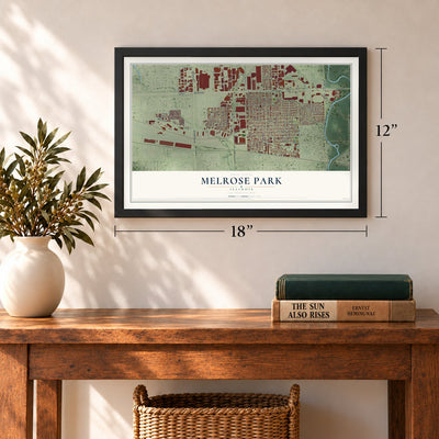 Melrose Park, Illinois map, 12 x 18 inch print in a black frame in an entryway