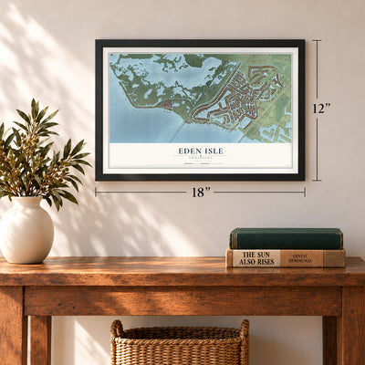 Eden Isle, Louisiana map, 12 x 18 inch print in a black frame in an entryway