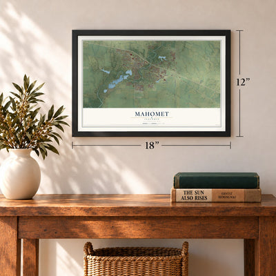Mahomet, Illinois map, 12 x 18 inch print in a black frame in an entryway