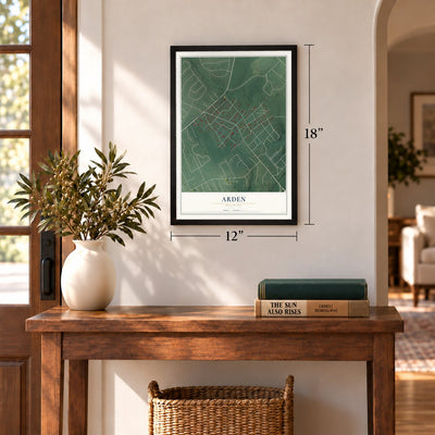Arden, Delaware map, 12 x 18 inch print in a black frame in an entryway