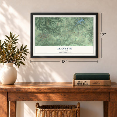 Gravette, Arkansas map, 12 x 18 inch print in a black frame in an entryway