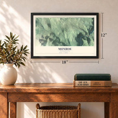 Monroe, Massachusetts map, 12 x 18 inch print in a black frame in an entryway