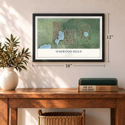 Oakwood Hills, Illinois map, 12 x 18 inch print in a black frame in an entryway