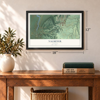 Valmeyer, Illinois map, 12 x 18 inch print in a black frame in an entryway