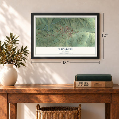 Elizabeth, Illinois map, 12 x 18 inch print in a black frame in an entryway