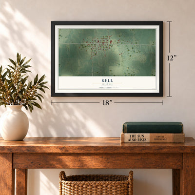 Kell, Illinois map, 12 x 18 inch print in a black frame in an entryway