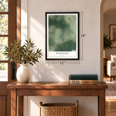 Pendleton, Missouri map, 12 x 18 inch print in a black frame in an entryway