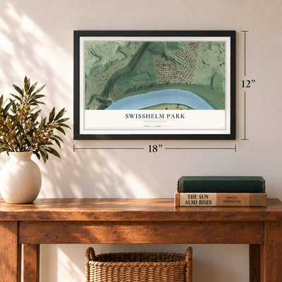 Swisshelm Park, Pennsylvania map, 12 x 18 inch print in a black frame in an entryway