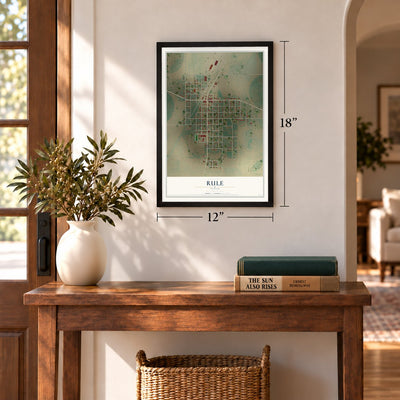 Rule, Texas map, 12 x 18 inch print in a black frame in an entryway