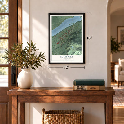 Northport, Washington map, 12 x 18 inch print in a black frame in an entryway