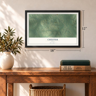 Chester, Texas map, 12 x 18 inch print in a black frame in an entryway
