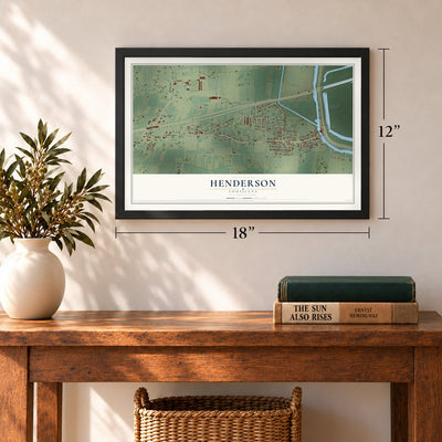 Henderson, Louisiana map, 12 x 18 inch print in a black frame in an entryway