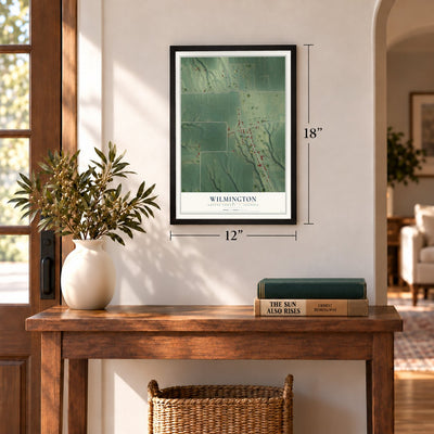 Wilmington, Greene County, Illinois map, 12 x 18 inch print in a black frame in an entryway