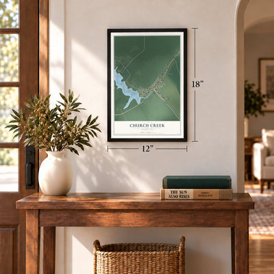 Church Creek, Maryland map, 12 x 18 inch print in a black frame in an entryway