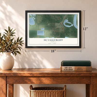 De Valls Bluff, Arkansas map, 12 x 18 inch print in a black frame in an entryway