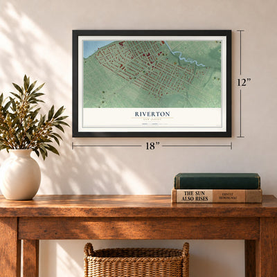 Riverton, New Jersey map, 12 x 18 inch print in a black frame in an entryway