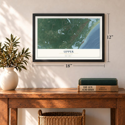 Upper, New Jersey map, 12 x 18 inch print in a black frame in an entryway