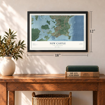 New Castle, New Hampshire map, 12 x 18 inch print in a black frame in an entryway