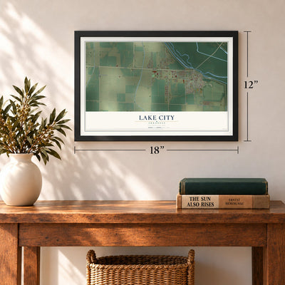 Lake City, Arkansas map, 12 x 18 inch print in a black frame in an entryway
