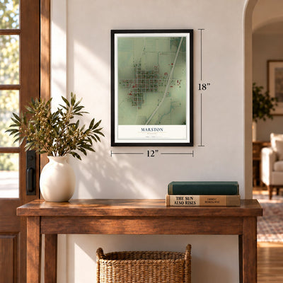 Marston, Missouri map, 12 x 18 inch print in a black frame in an entryway