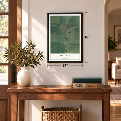 Fletcher, Ohio map, 12 x 18 inch print in a black frame in an entryway