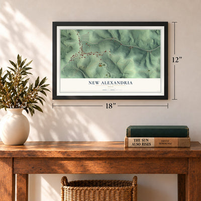 New Alexandria, Ohio map, 12 x 18 inch print in a black frame in an entryway