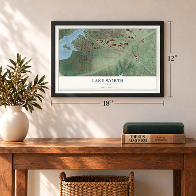 Lake Worth, Texas map, 12 x 18 inch print in a black frame in an entryway