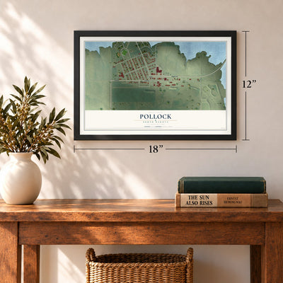 Pollock, South Dakota map, 12 x 18 inch print in a black frame in an entryway